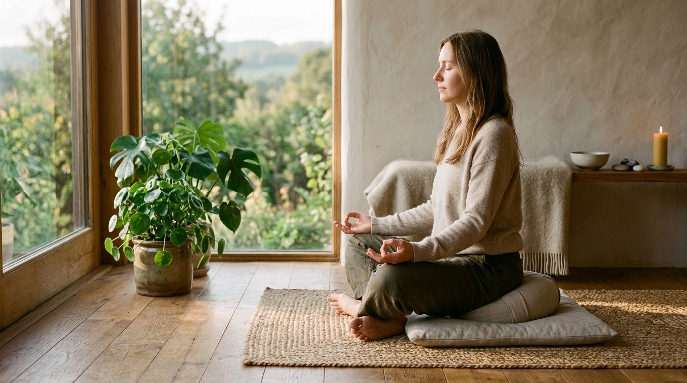 Personne assise en méditation dans un lieu paisible baigné de lumière naturelle pour relâcher le stress