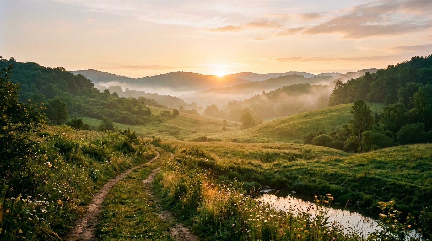 Paysage paisible d'une vallée au lever du soleil évoquant la libération des barrières intérieures