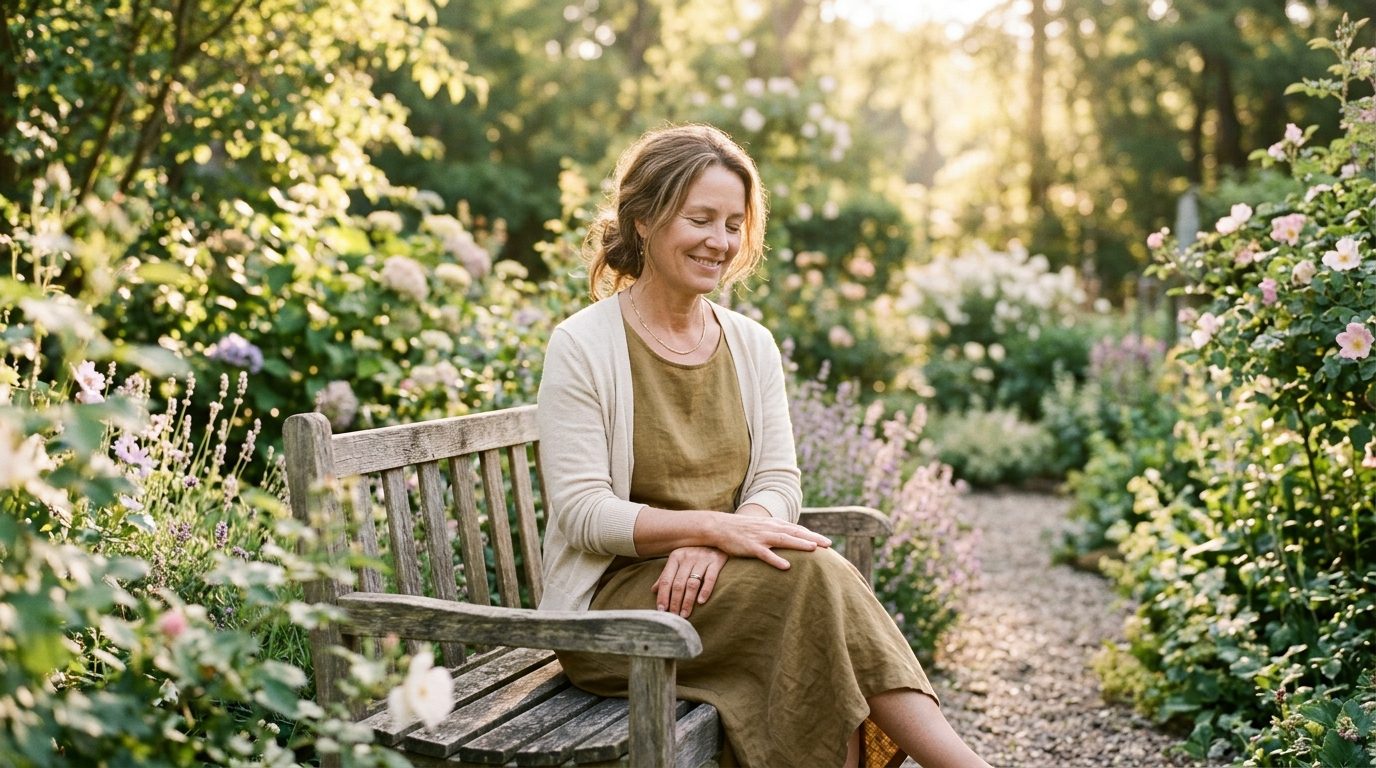Femme sereine adoptant une posture naturelle et apaisée dans un jardin baigné de lumière