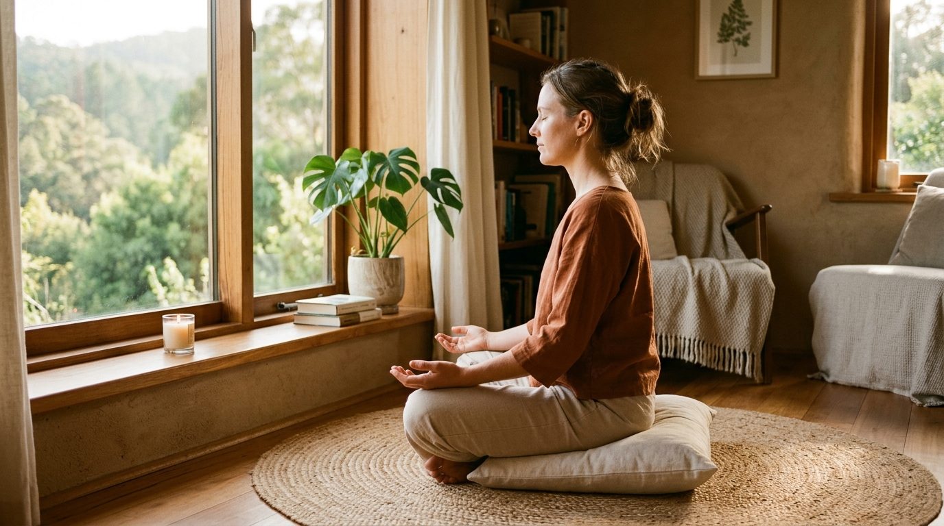 Personne assise paisiblement en pleine conscience dans une pièce baignée de lumière naturelle