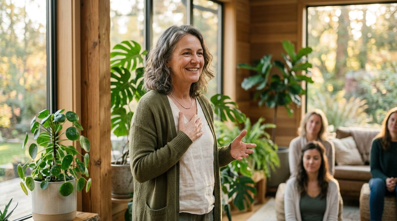 Personne sereine incarnant une posture d'assertivité et d'écoute bienveillante dans une atmosphère lumineuse et paisible