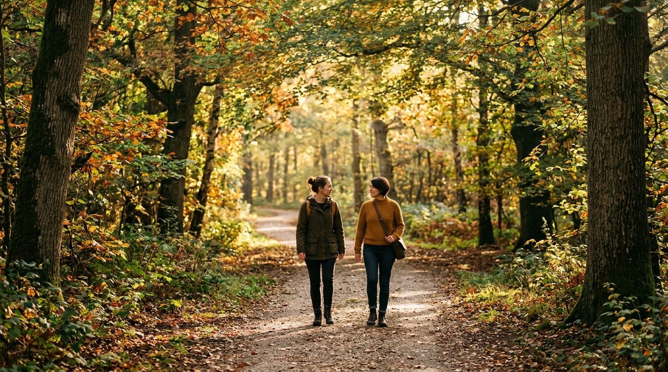 Deux personnes marchant sereinement sur un sentier lumineux symbolisant l'accompagnement et le leadership bienveillant
