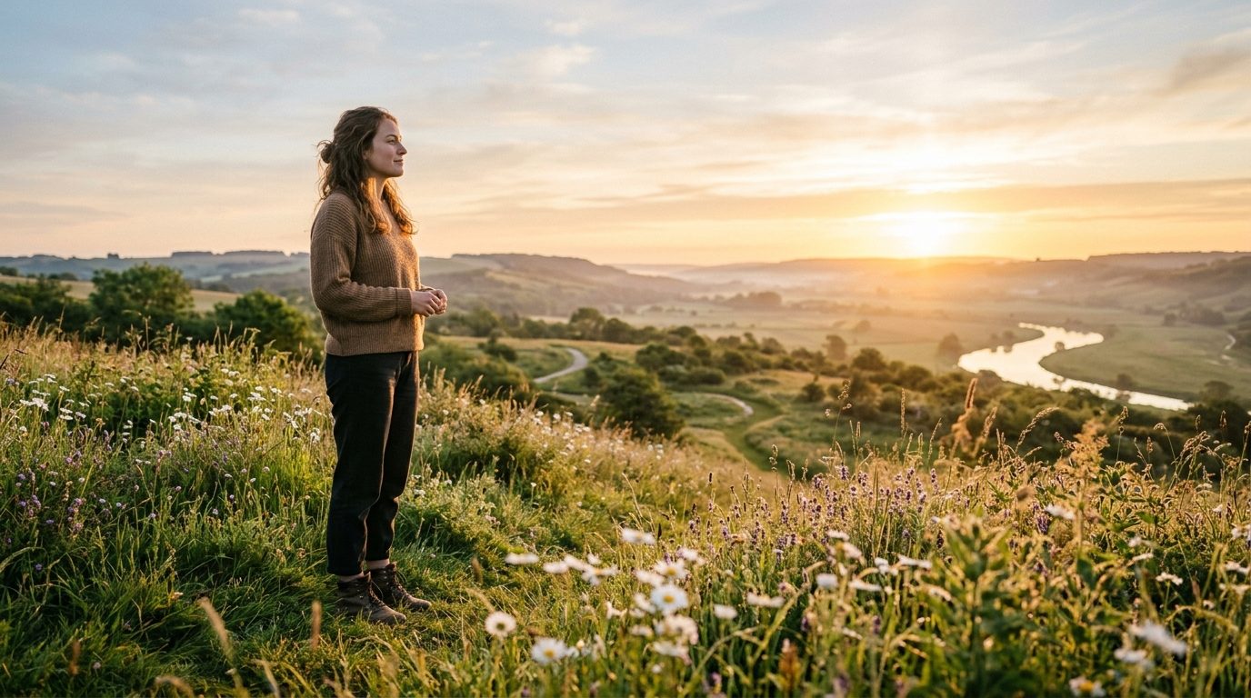 Personne contemplant sereinement l'horizon au lever du soleil, symbole de renouveau professionnel et de clarté intérieure