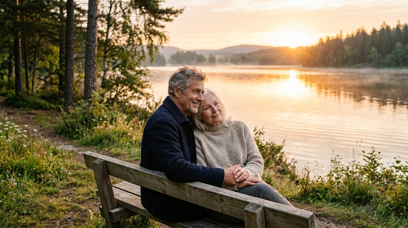 Couple mature assis au bord d'un lac au lever du soleil, se tenant la main avec tendresse et confiance