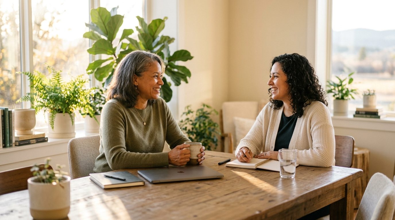 Échange chaleureux et authentique lors d'un entretien professionnel empreint de sérénité et d'écoute