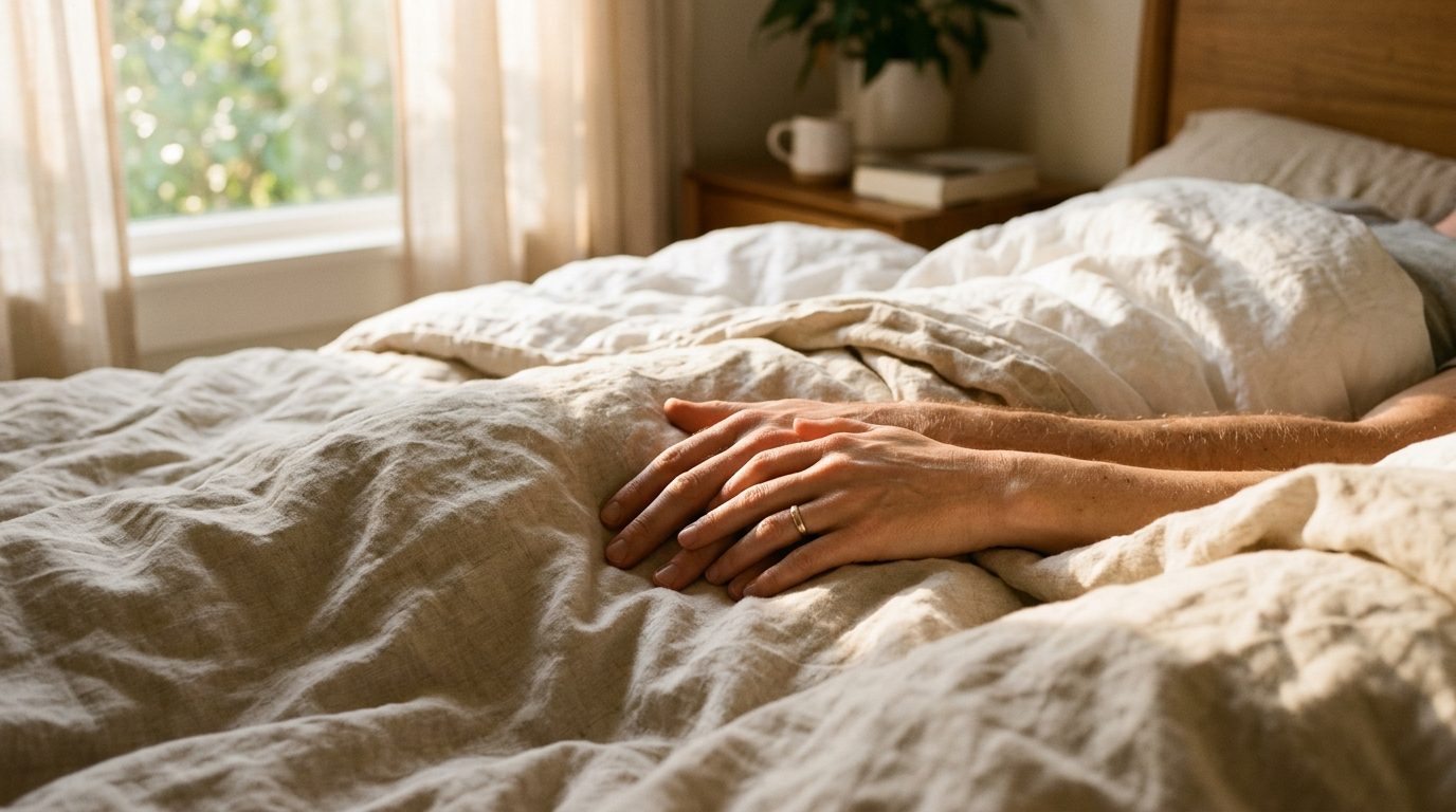 Mains doucement rapprochées sur des draps en lin au soleil du matin, symbolisant la tendresse et la reconnexion dans le couple