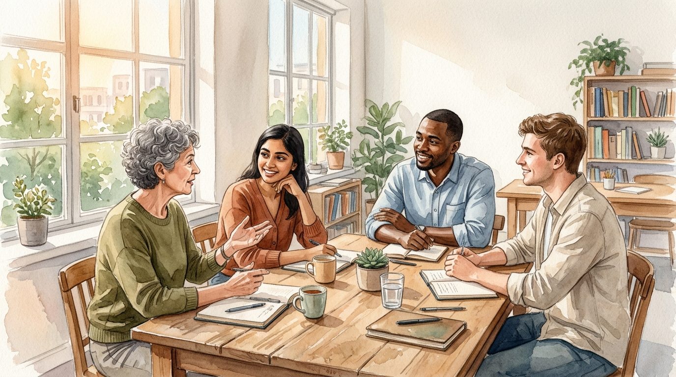 Collaborateurs réunis autour d'une table dans un échange bienveillant et apaisé