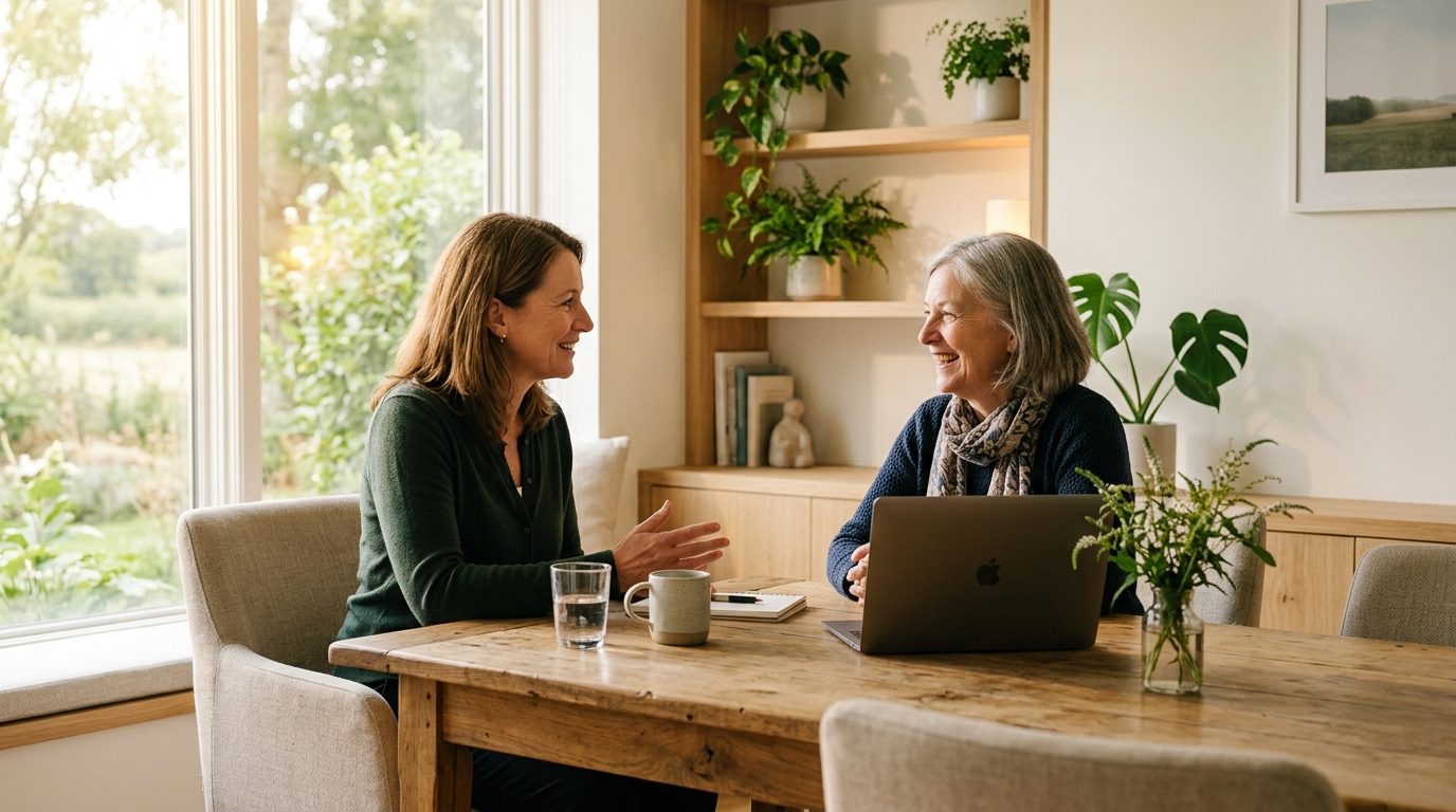 Échange chaleureux et attentif entre un conseiller et son client lors d'un rendez-vous professionnel