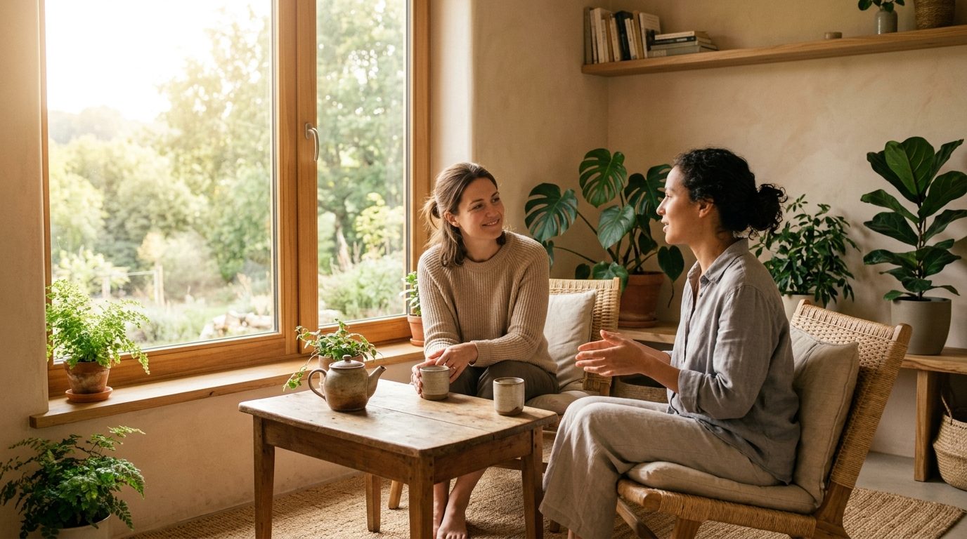 Échange chaleureux et serein symbolisant l'écoute et la confiance mutuelle