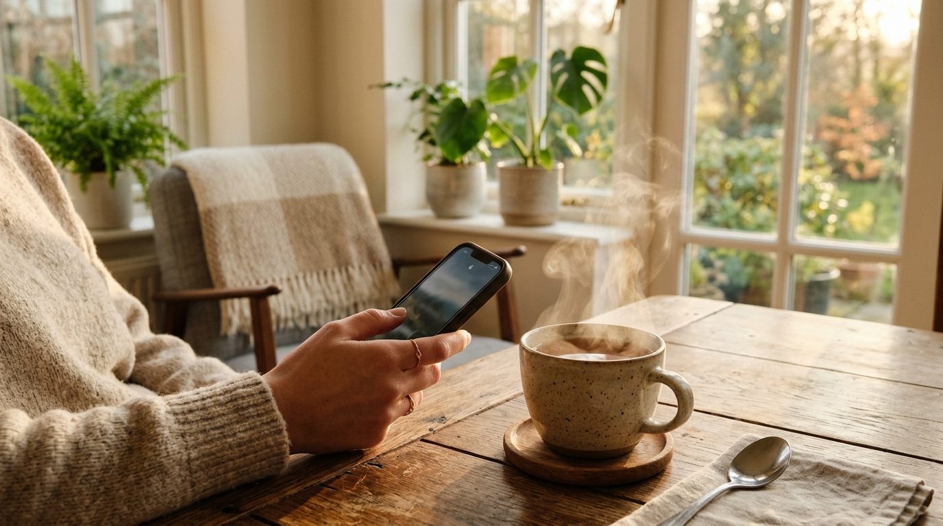 Une main tenant un smartphone près d'une tasse de thé chaud dans une lumière douce matinale