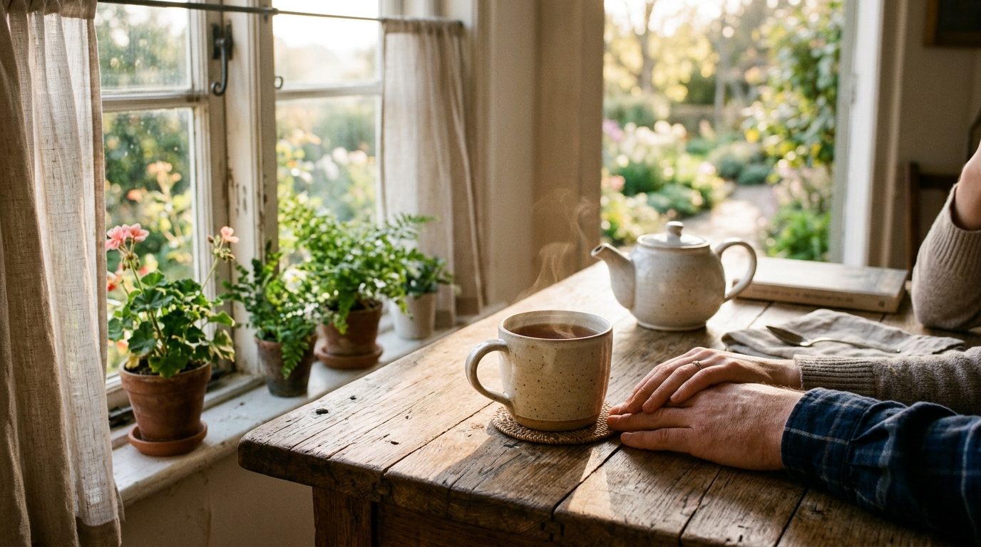 Mains reposant près d'une tasse de thé dans une lumière douce symbolisant l'apaisement et la communication authentique