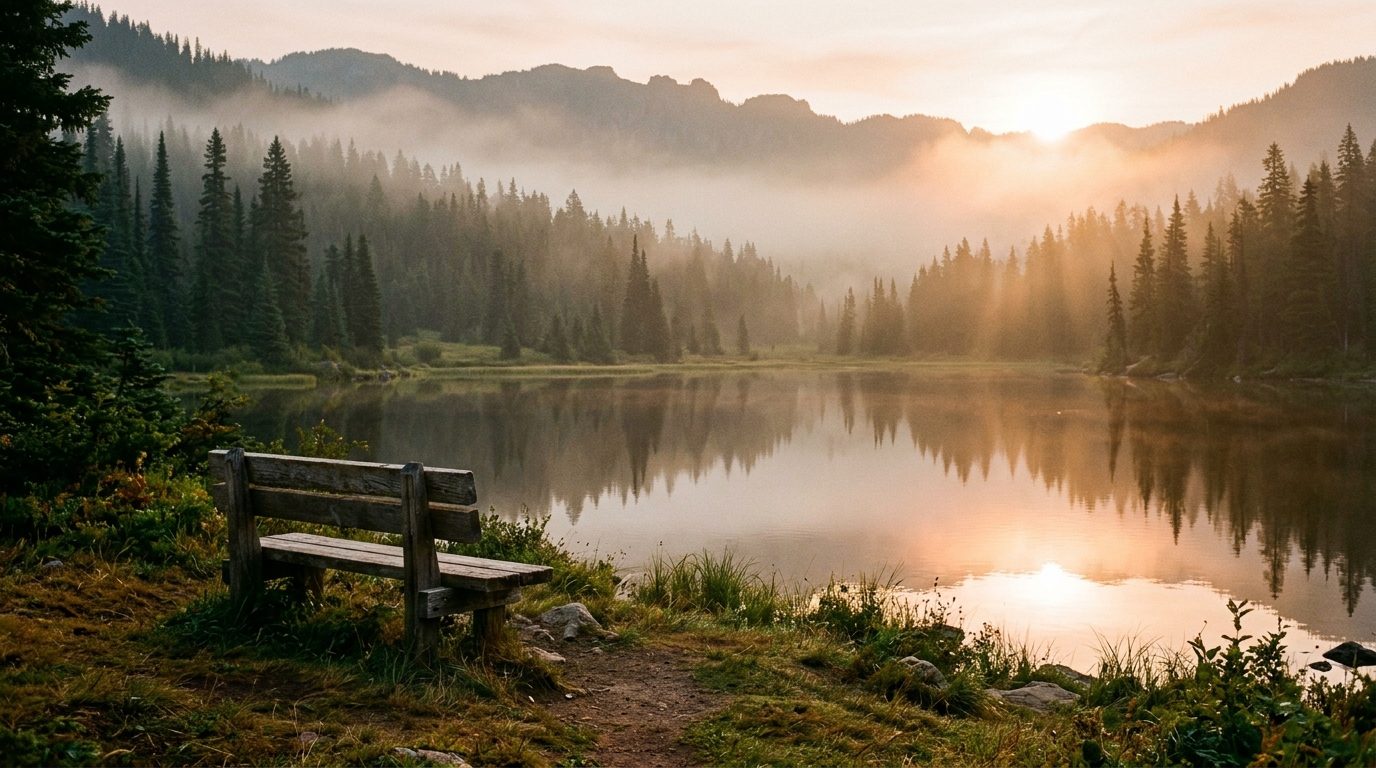 Banc en bois au bord d'un lac paisible à l'aube symbolisant la paix intérieure et la réconciliation