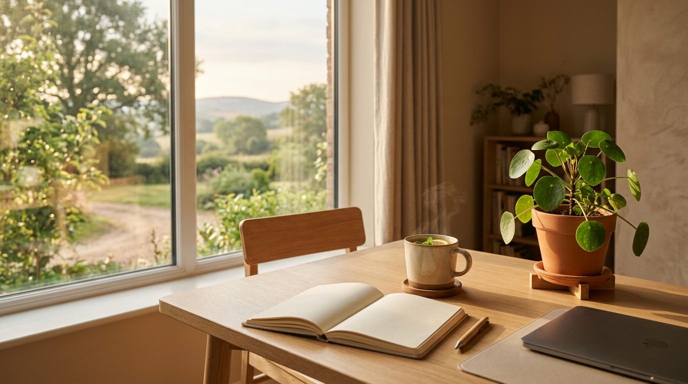 Bureau baigné de lumière naturelle invitant au calme et à la sérénité au travail