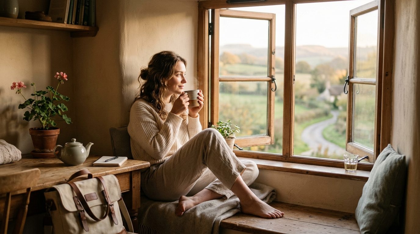 Personne assise sereinement près d'une fenêtre dans la douce lumière du matin avant de partir travailler