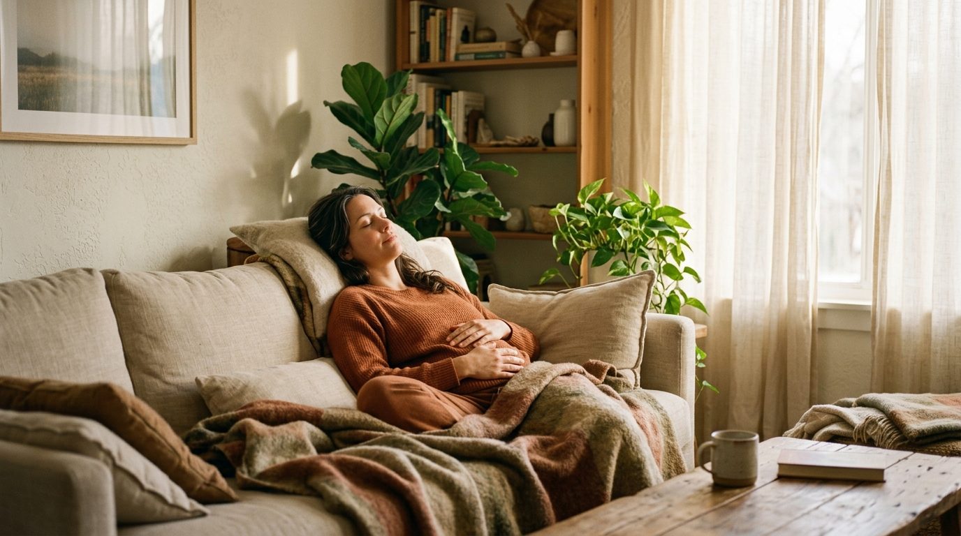 Personne allongée paisiblement les mains sur le ventre pour favoriser la détente abdominale et la paix intérieure
