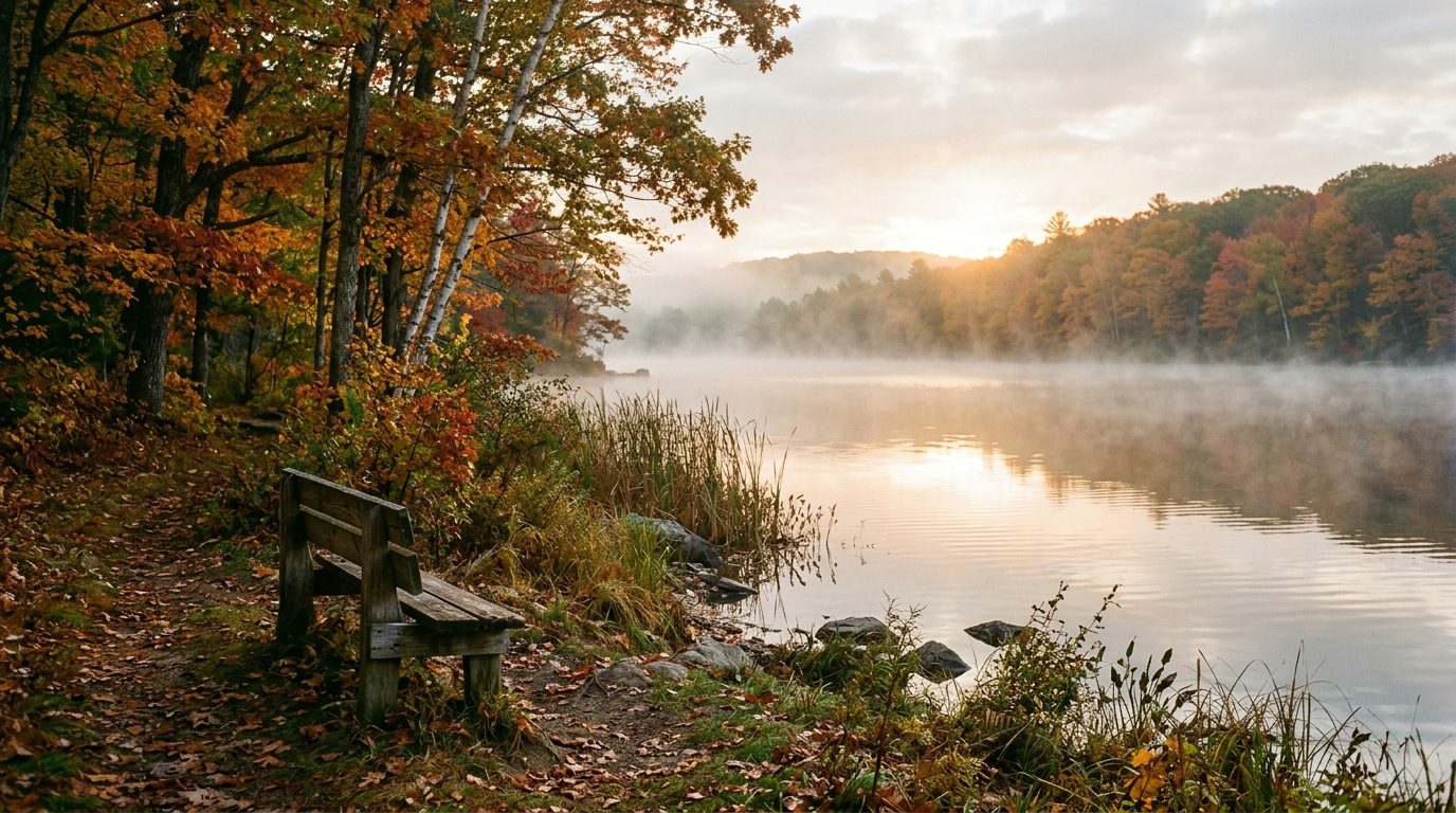 Paysage paisible d'un lac embrumé au lever du soleil évoquant la sérénité et le calme intérieur