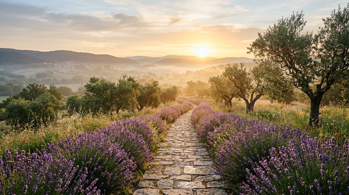 Chemin paisible au lever du soleil invitant à la sérénité et à la paix intérieure