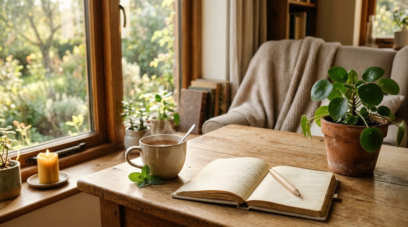 Table en bois baignée de lumière avec un carnet d'écriture et une tasse de thé pour symboliser l'apaisement intérieur et l'auto-thérapie