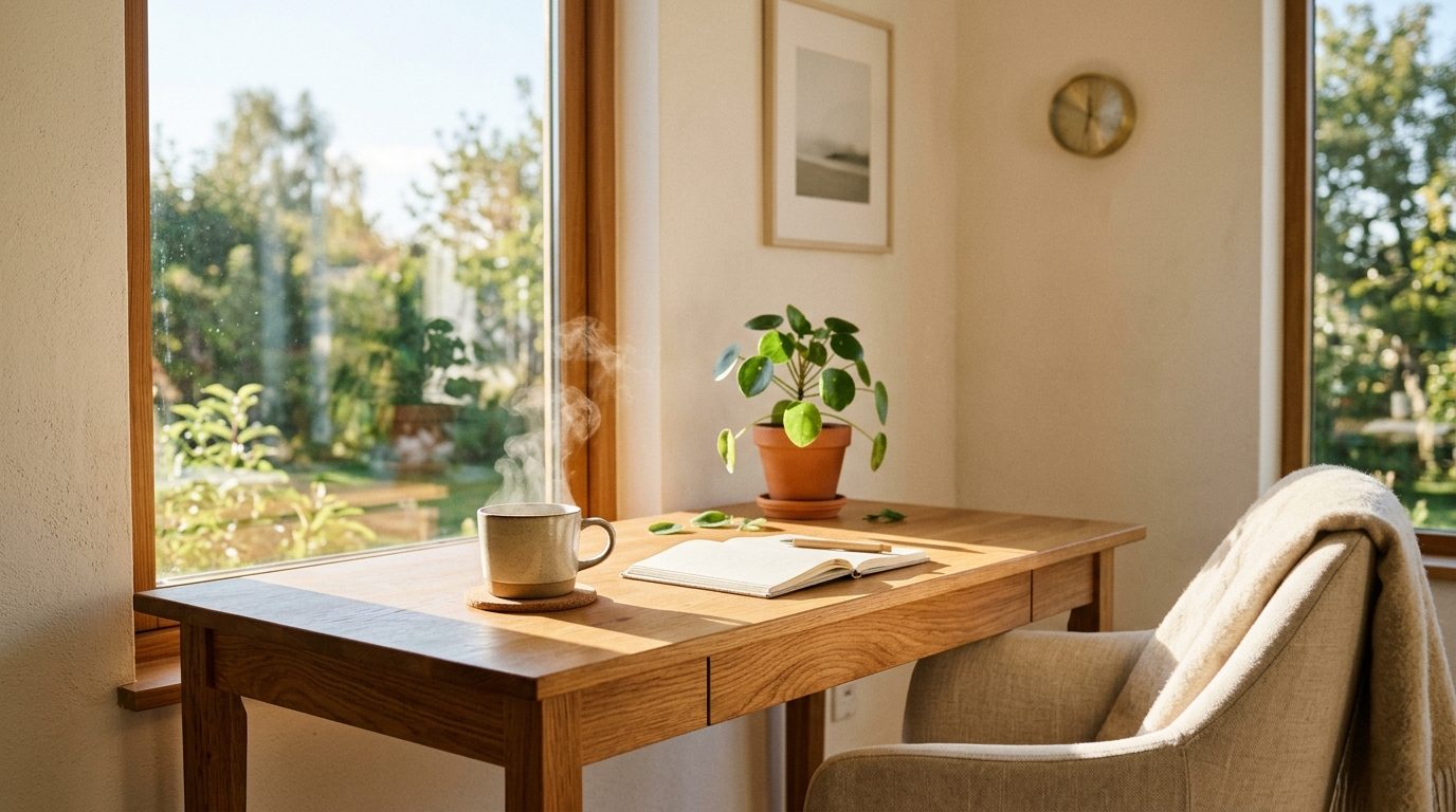 Bureau baigné de lumière douce avec une plante et une tasse de thé, symbolisant la sérénité au travail