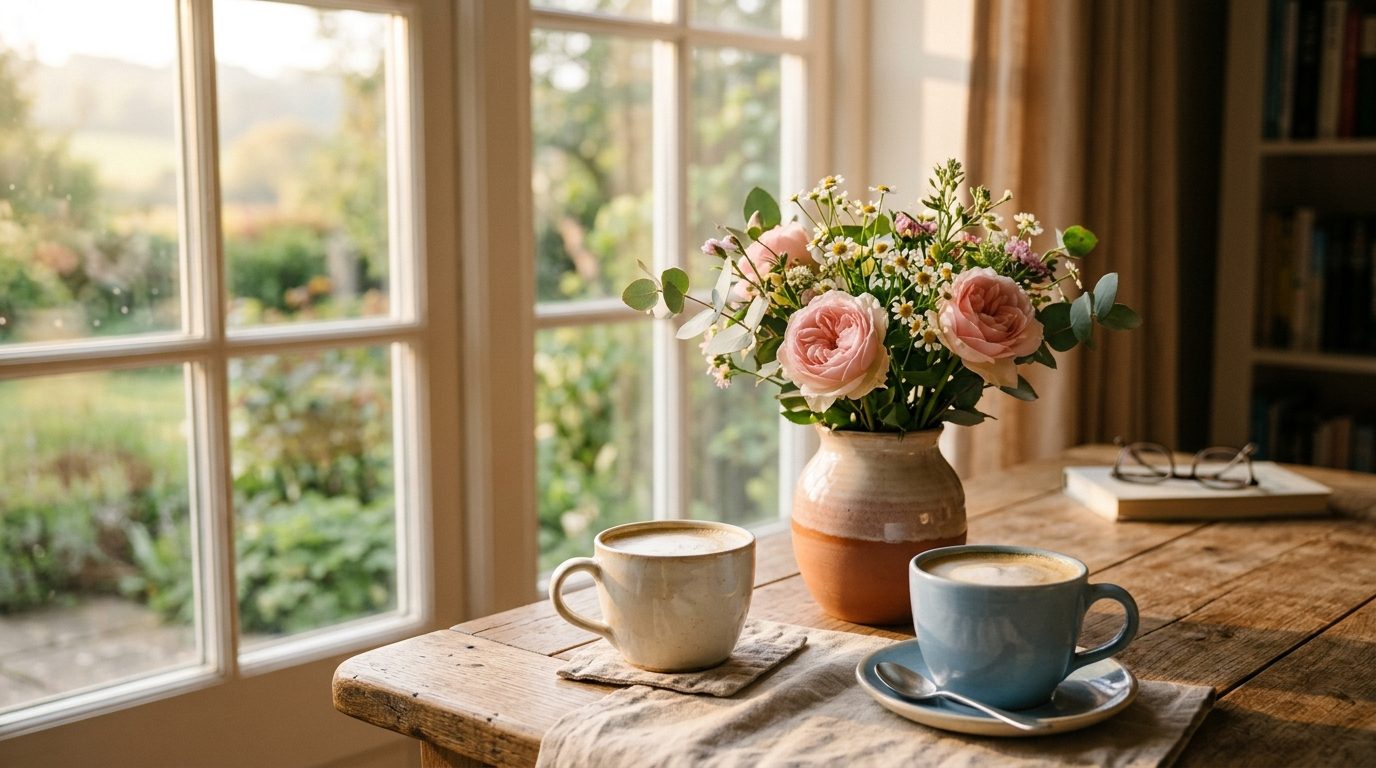 Table en bois lumineuse avec deux tasses de café et des fleurs délicates, évoquant un rendez-vous serein