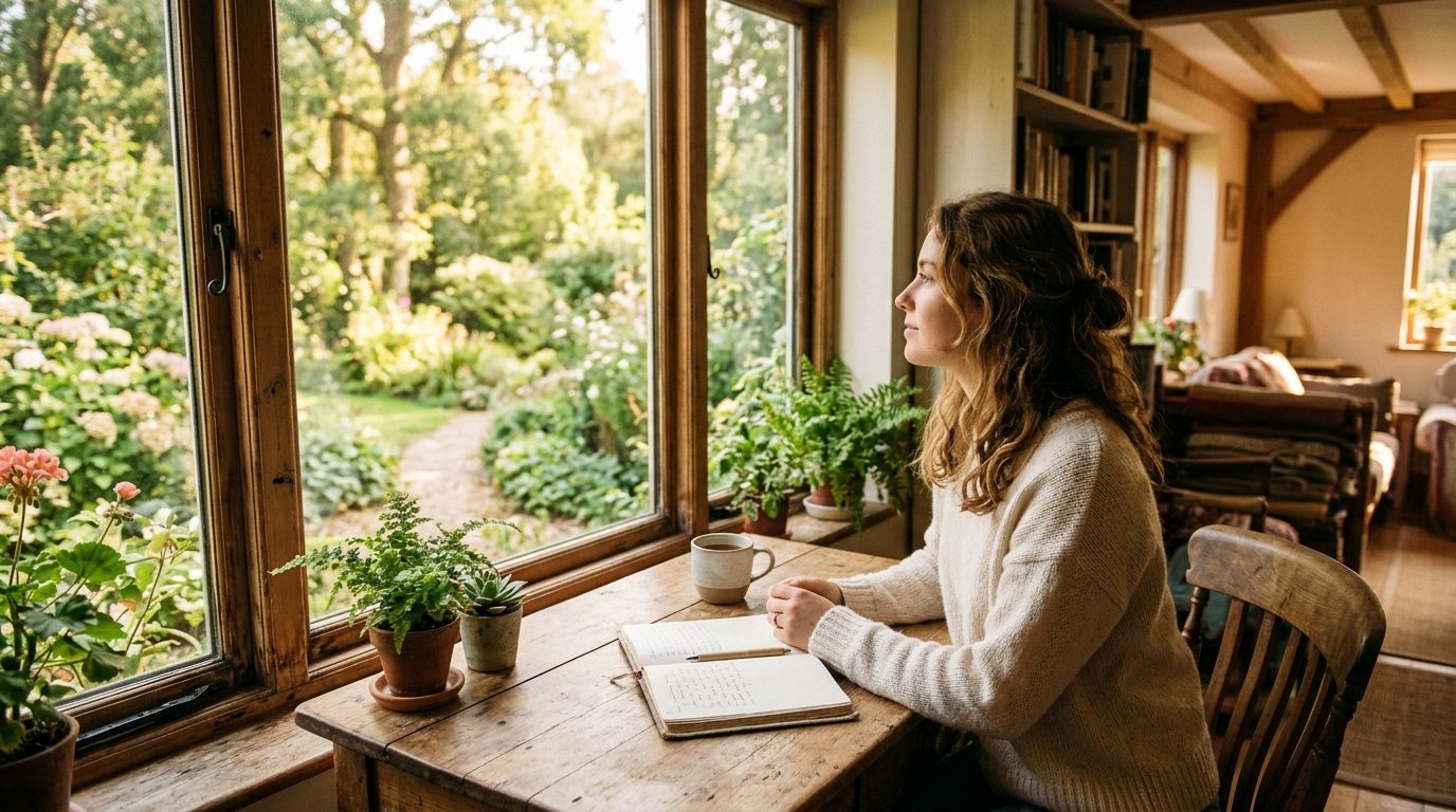 Un élève serein assis à son bureau baigné de lumière naturelle, symbolisant le calme et la paix intérieure face aux études