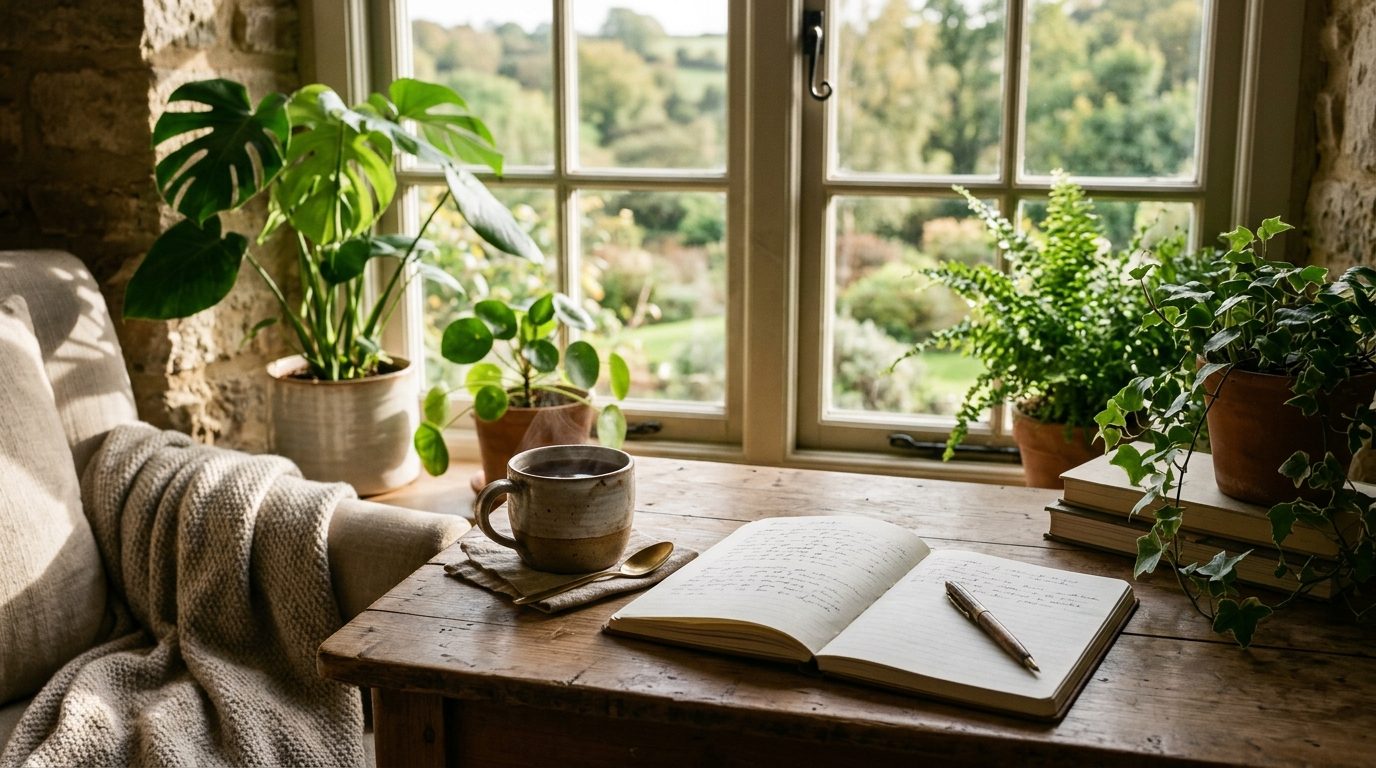 Table paisible et lumineuse avec un carnet ouvert et une tasse de thé pour symboliser la réflexion et la paix intérieure