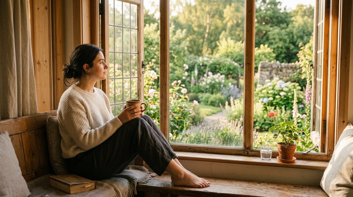 Personne assise paisiblement près d'une fenêtre baignée de lumière matinale, symbolisant la paix intérieure et la confiance retrouvée