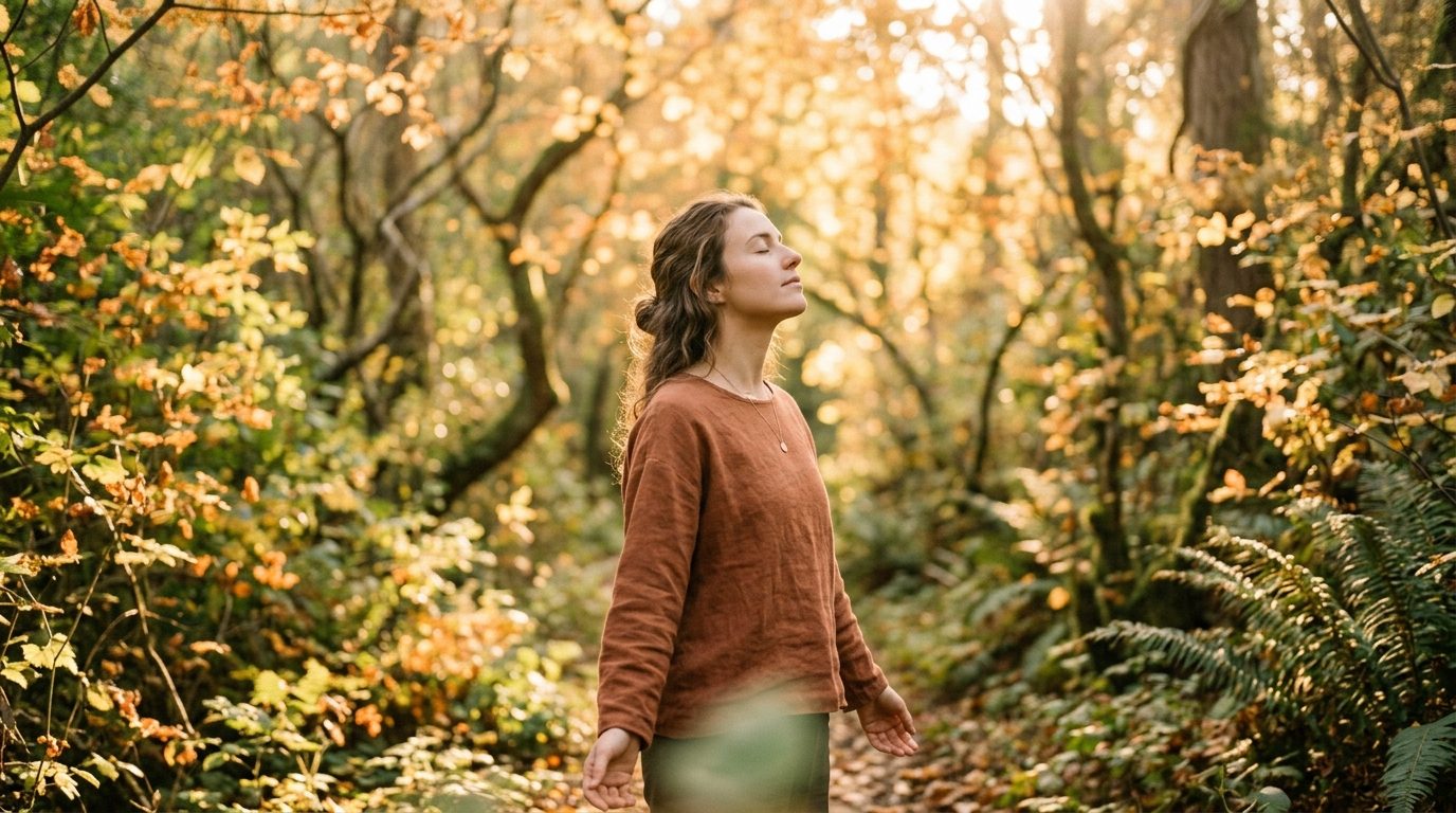 Une personne apaisée respirant profondément, évoquant la paix intérieure et la maîtrise de l'anxiété.