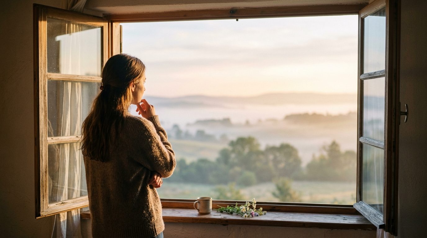 Une personne contemplative face à une fenêtre ouverte sur un nouvel horizon, symbole de transition professionnelle sereine.