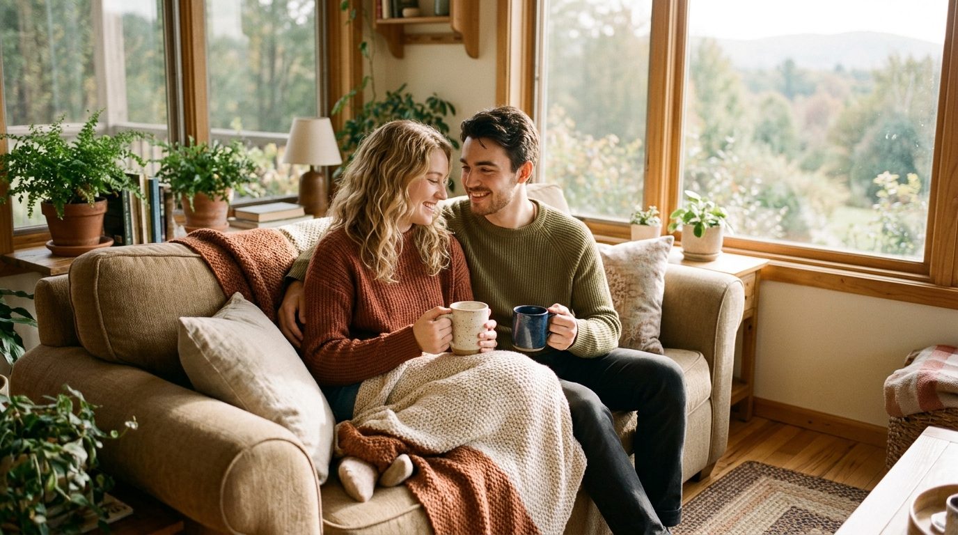 Couple dialoguant avec tendresse et bienveillance près d'une fenêtre ensoleillée