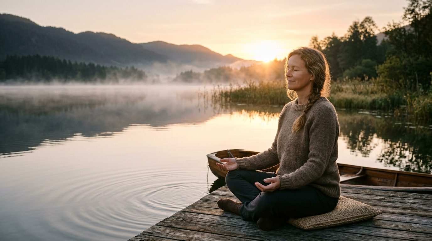Personne assise paisiblement au bord de l'eau au lever du soleil incarnant la paix intérieure et la clarté mentale