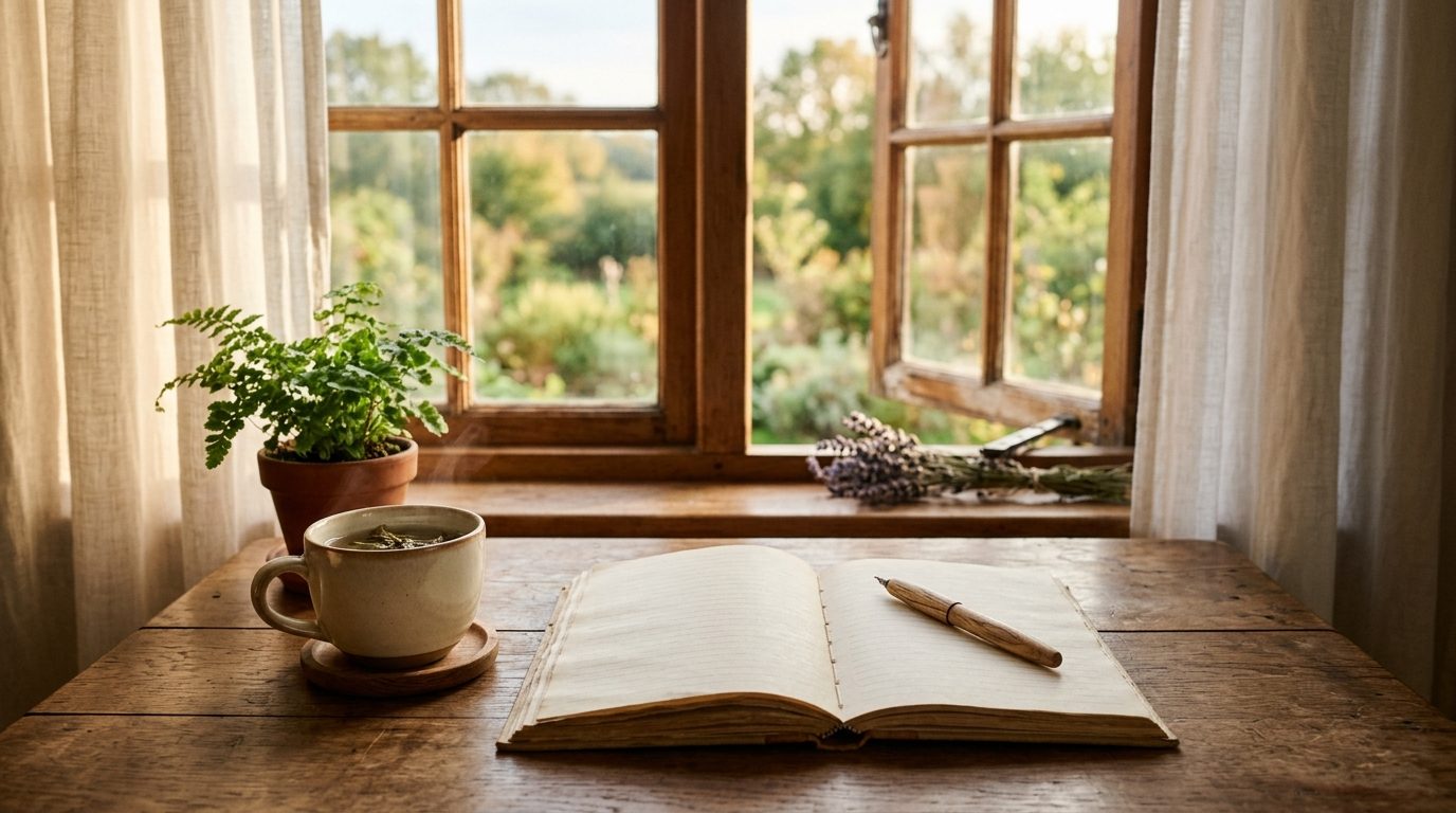 Carnet ouvert et tasse de thé baignés dans la lumière douce du matin pour un moment d'introspection