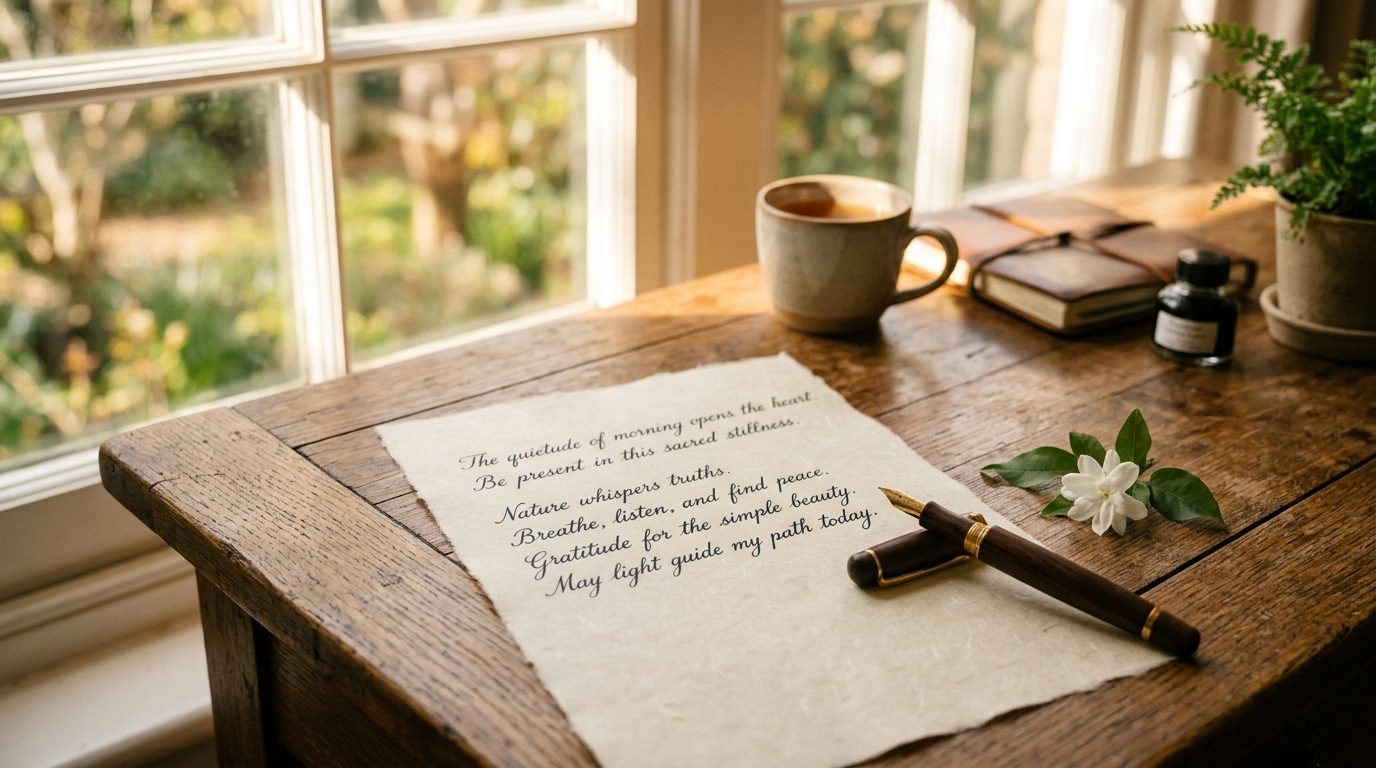 Une lettre manuscrite et une fleur posées sur une table en bois baignée de lumière matinale