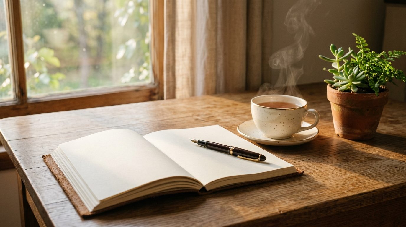 Cahier ouvert et plume sur une table en bois baignée de lumière matinale pour rédiger ses intentions