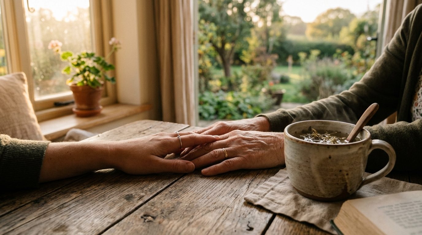 Mains posées sereinement sur une table en bois baignée de lumière douce, évoquant la paix relationnelle et l'écoute sincère