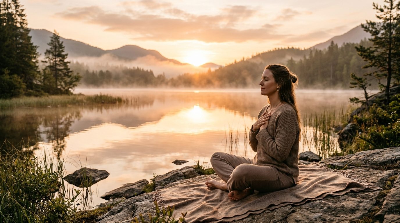 Personne assise paisiblement au bord d'un lac au lever du soleil, symbolisant l'apaisement intérieur et la découverte de soi