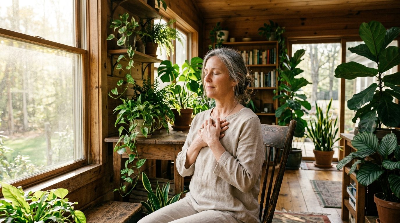 Personne assise paisiblement en pleine sérénité, incarnant l'alignement intérieur et la paix des valeurs