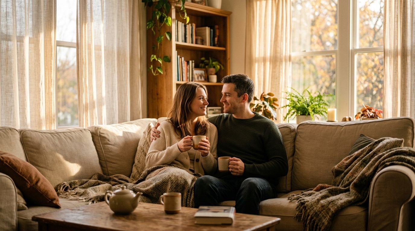 Couple dialoguant avec sérénité et tendresse dans un salon baigné d'une douce lumière naturelle