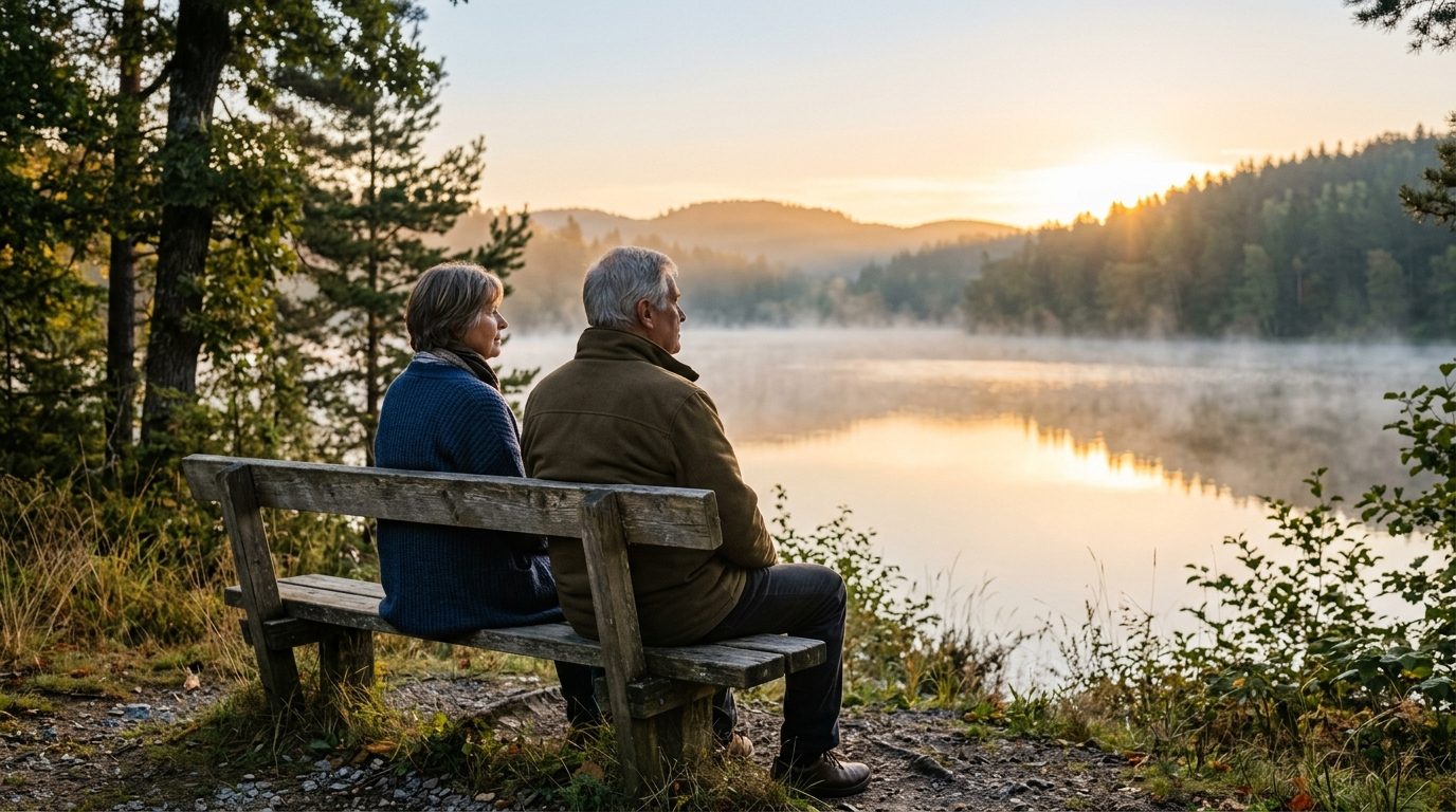 Deux personnes assises calmement au bord d'un lac paisible dans la brume du matin, illustrant la sérénité et la confiance partagée