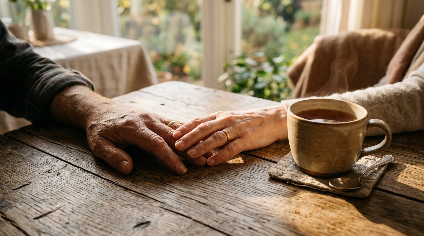 Deux mains posées sereinement sur une table en bois sous une douce lumière matinale