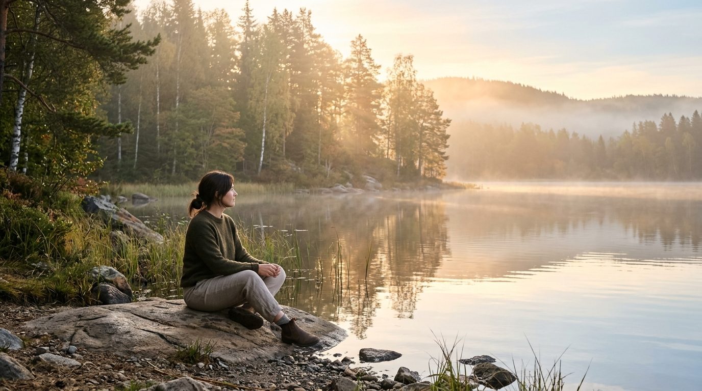 Personne en méditation au bord d'un lac paisible à l'aube, symbolisant la paix intérieure et l'harmonie avec l'inconscient