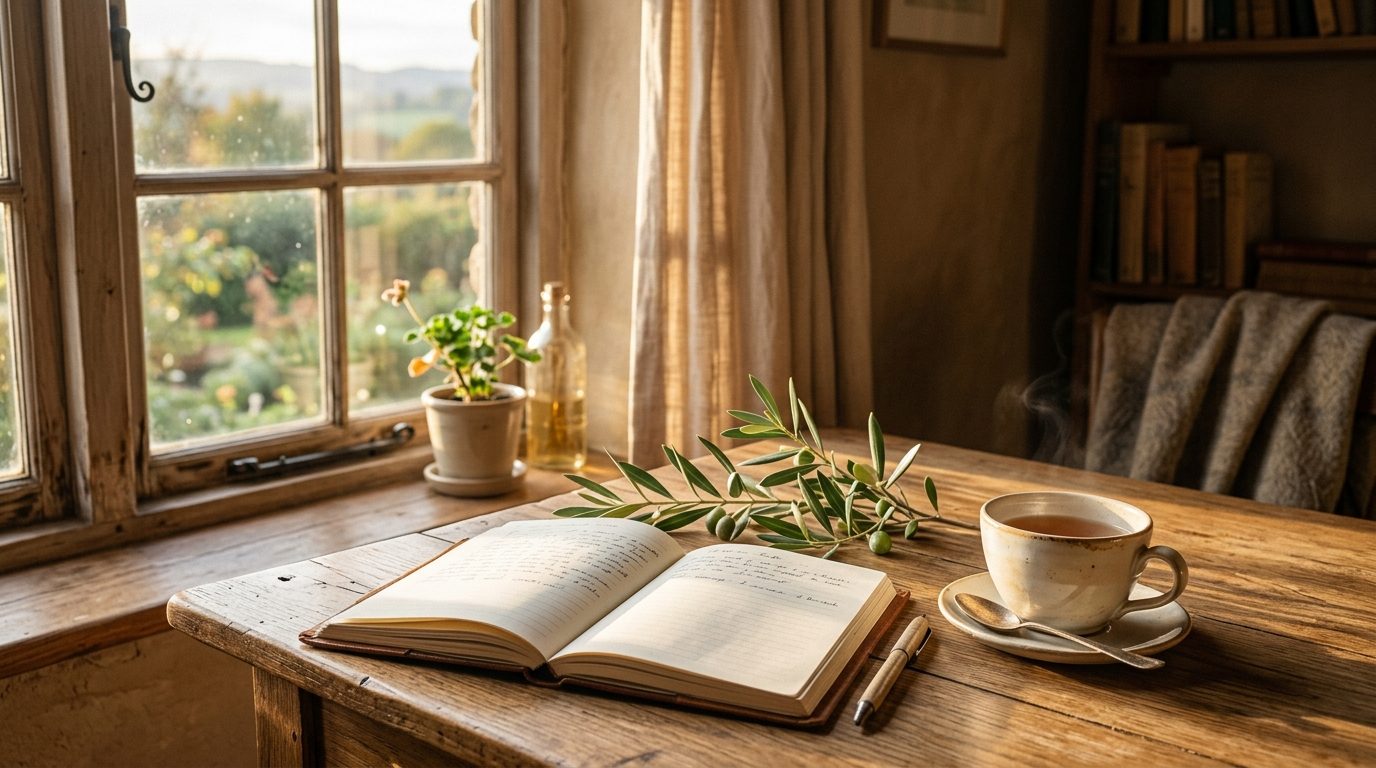 Table en bois baignée par la lumière du matin avec un carnet ouvert symbolisant la sérénité et le renouveau intérieur