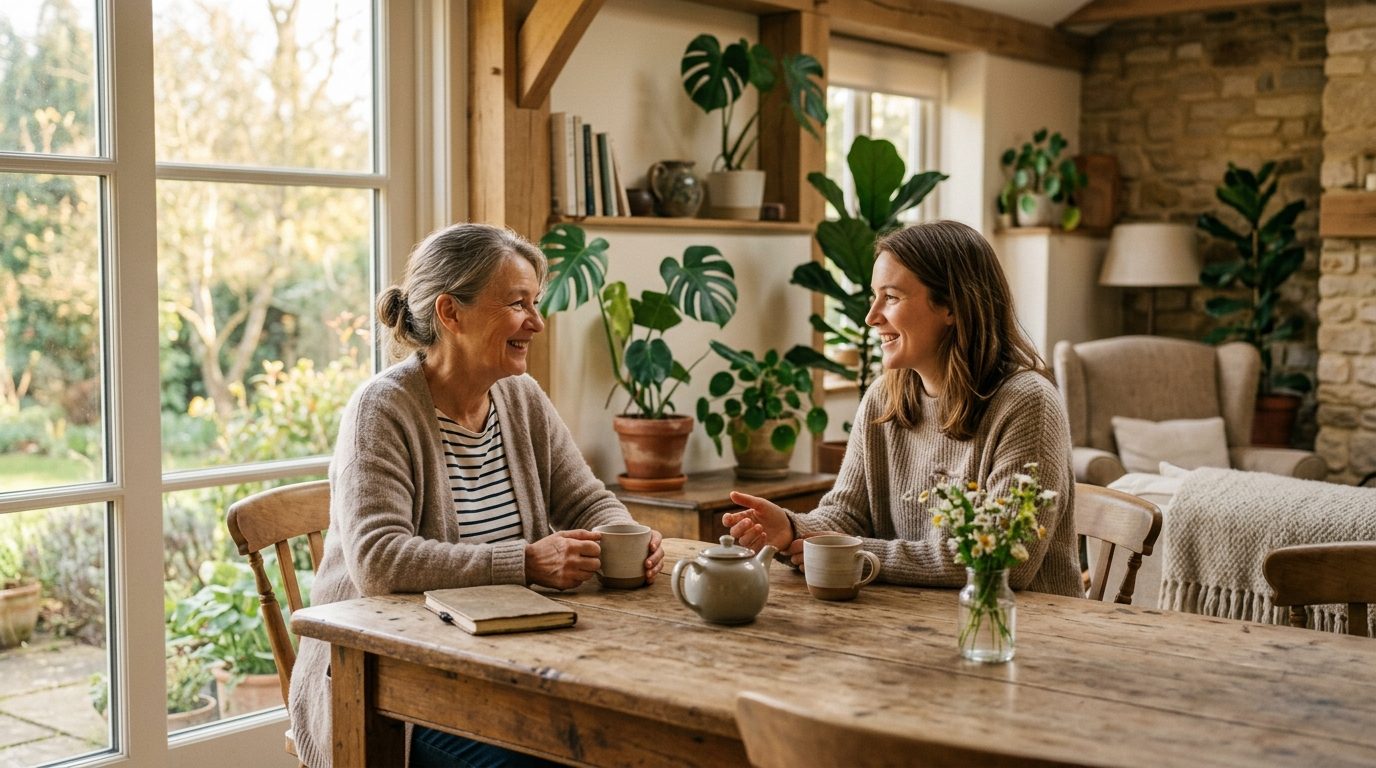 Deux personnes échangeant un regard bienveillant lors d'une discussion sereine autour d'une table lumineuse