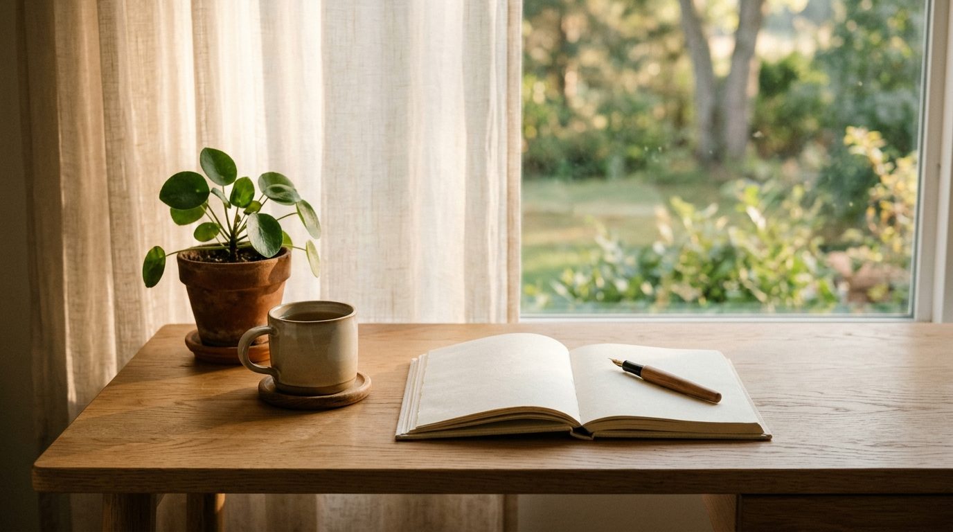 Bureau épuré et baigné de lumière naturelle invitant au calme et à la réflexion sur la gestion de ses ressources