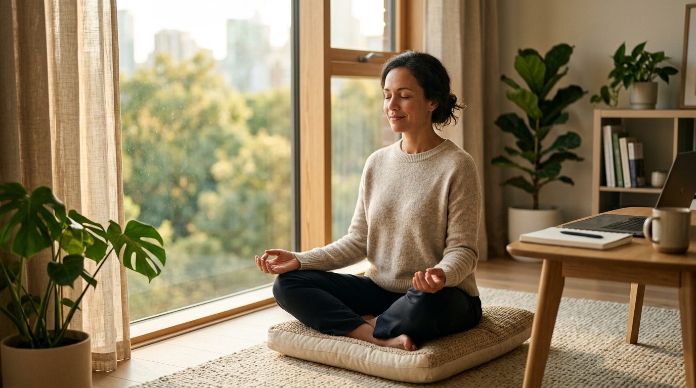 Une personne assise paisiblement près d'une fenêtre de bureau, respirant avec sérénité