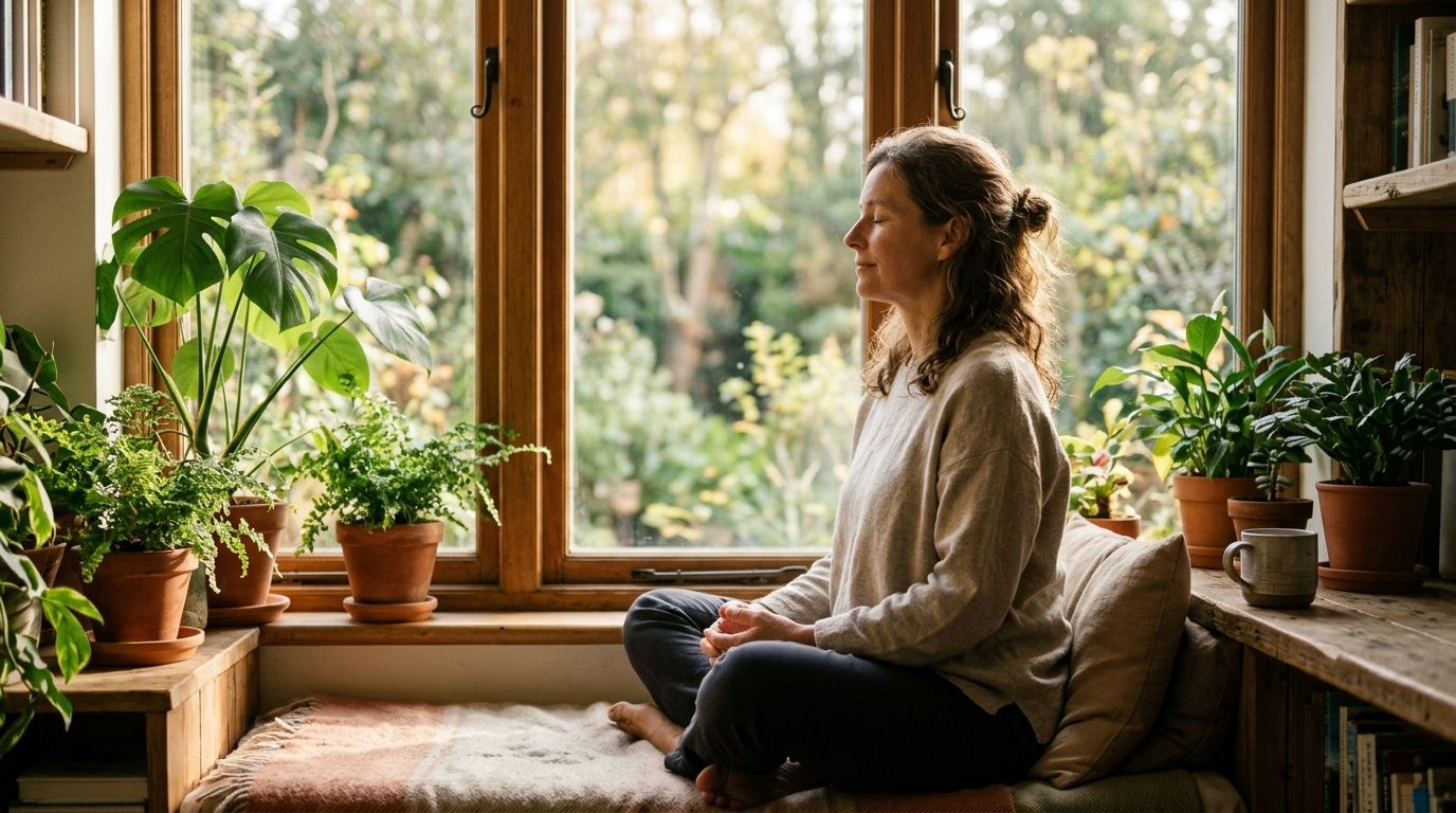 Personne assise en toute sérénité dans la lumière matinale, cultivant la paix intérieure et le leadership de soi