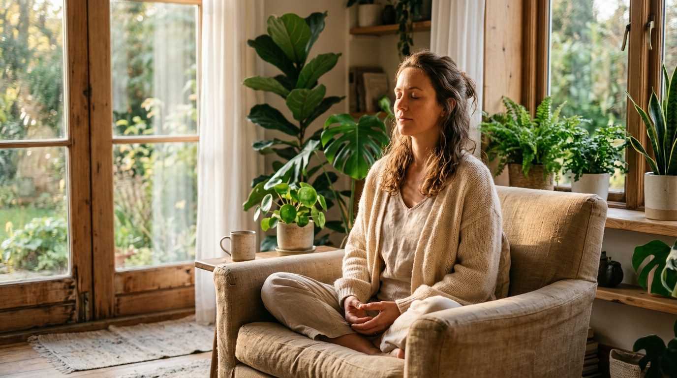 Personne assise paisiblement près d'une fenêtre ensoleillée, respirant dans le calme et la sérénité intérieure.