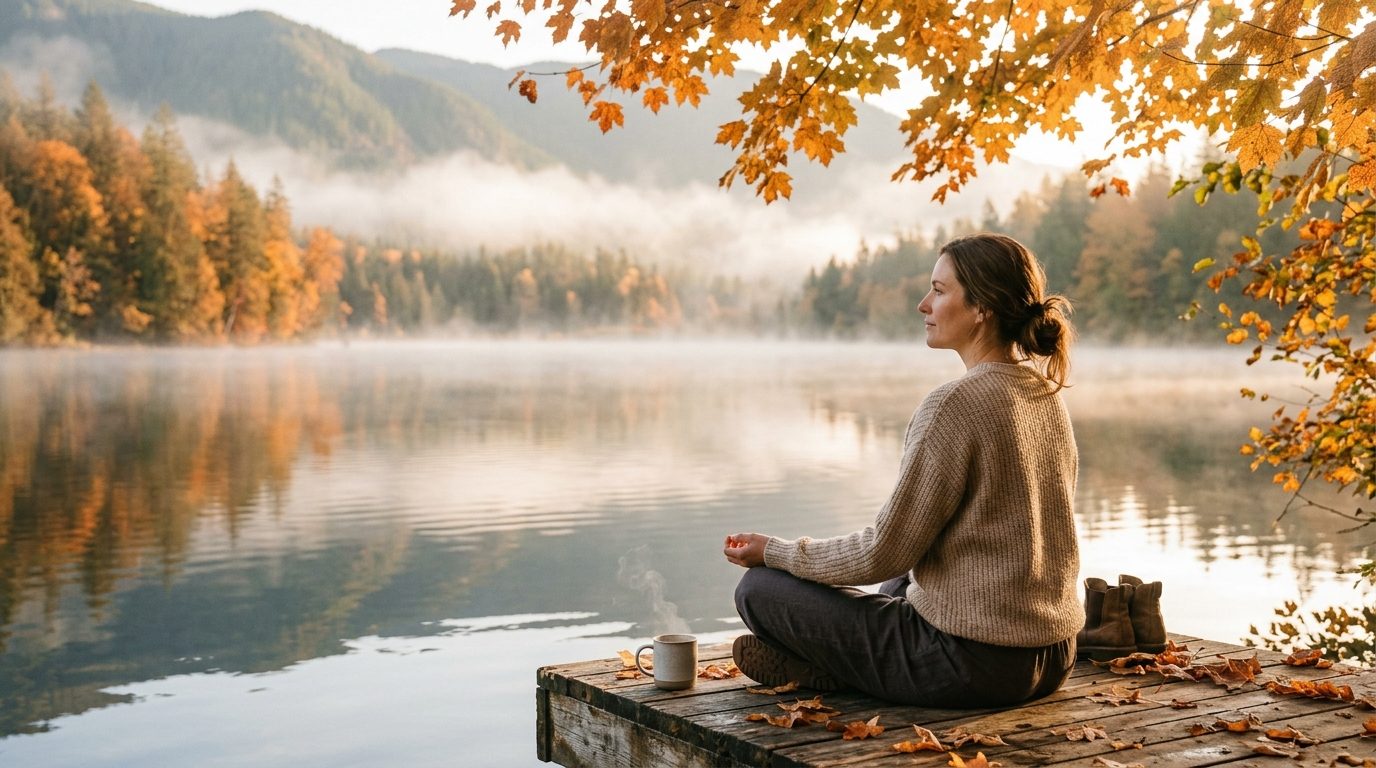 Une personne assise paisiblement au bord d'une eau calme, symbolisant la libération de la peur et la paix intérieure.