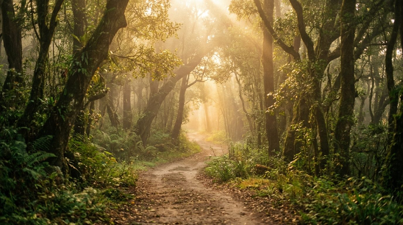 Sentier paisible baigné de lumière dorée illustrant le passage serein vers une nouvelle vie