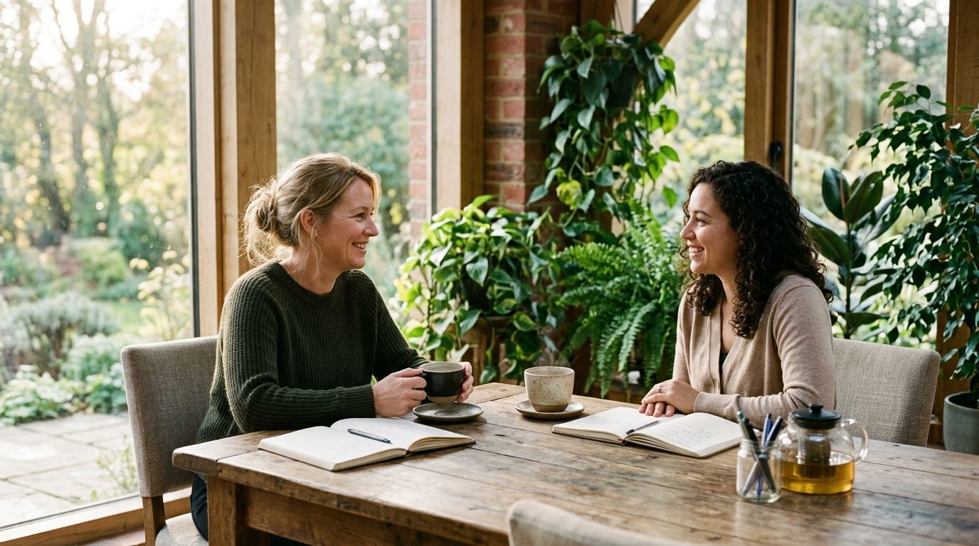 Échange professionnel bienveillant et authentique autour d'une table lumineuse